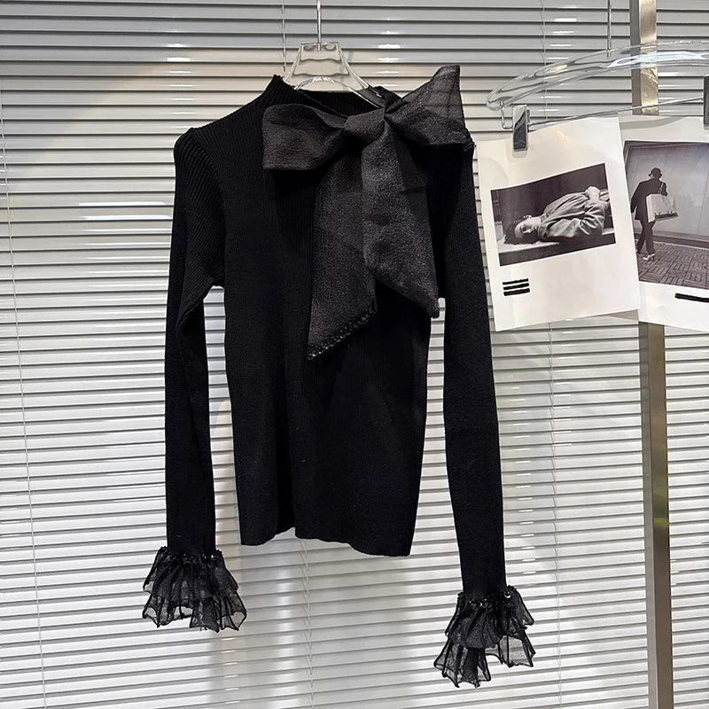 Winter New Fashion Rhinestone Bowknot Elastic Knitted Sweater For Women Slim Fit Versatile Pullover Female 11A07585 Black One Size