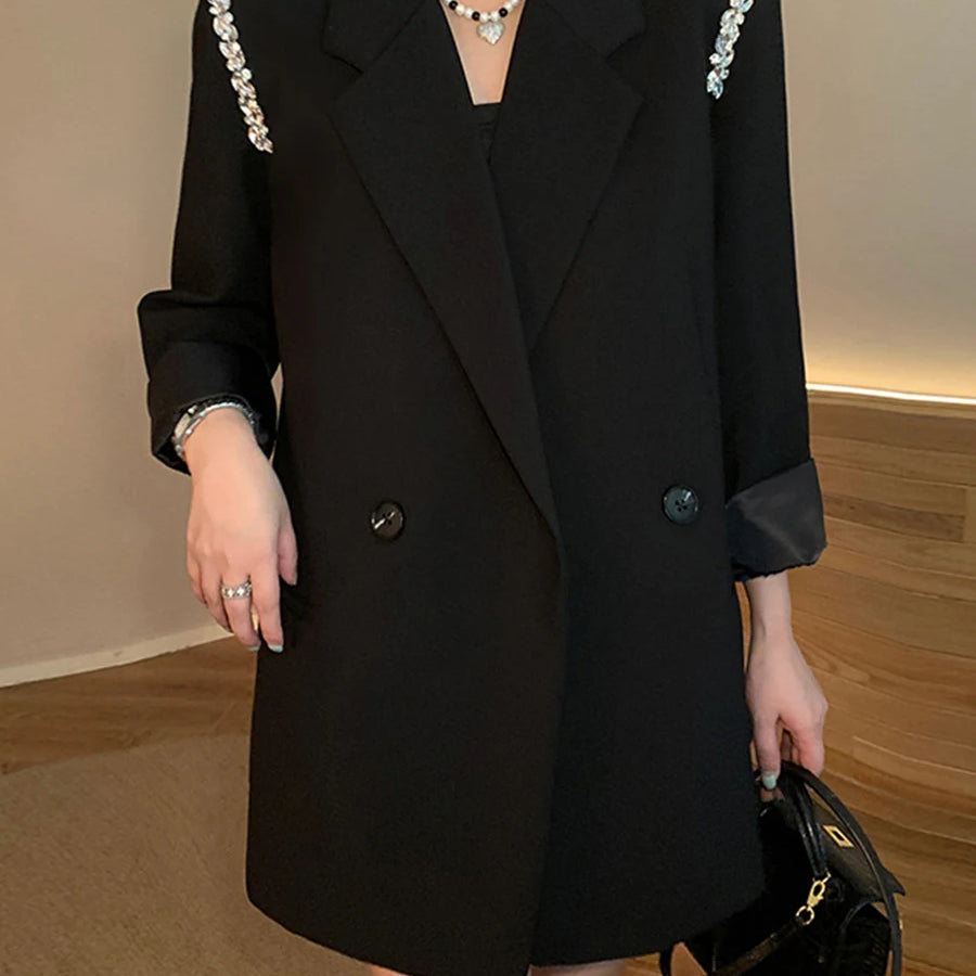 Solid Loose Spliced Button Casual Jackets for Women Lapel Long Sleeves Patchwork Bead Jacket Female Fashion Clothes