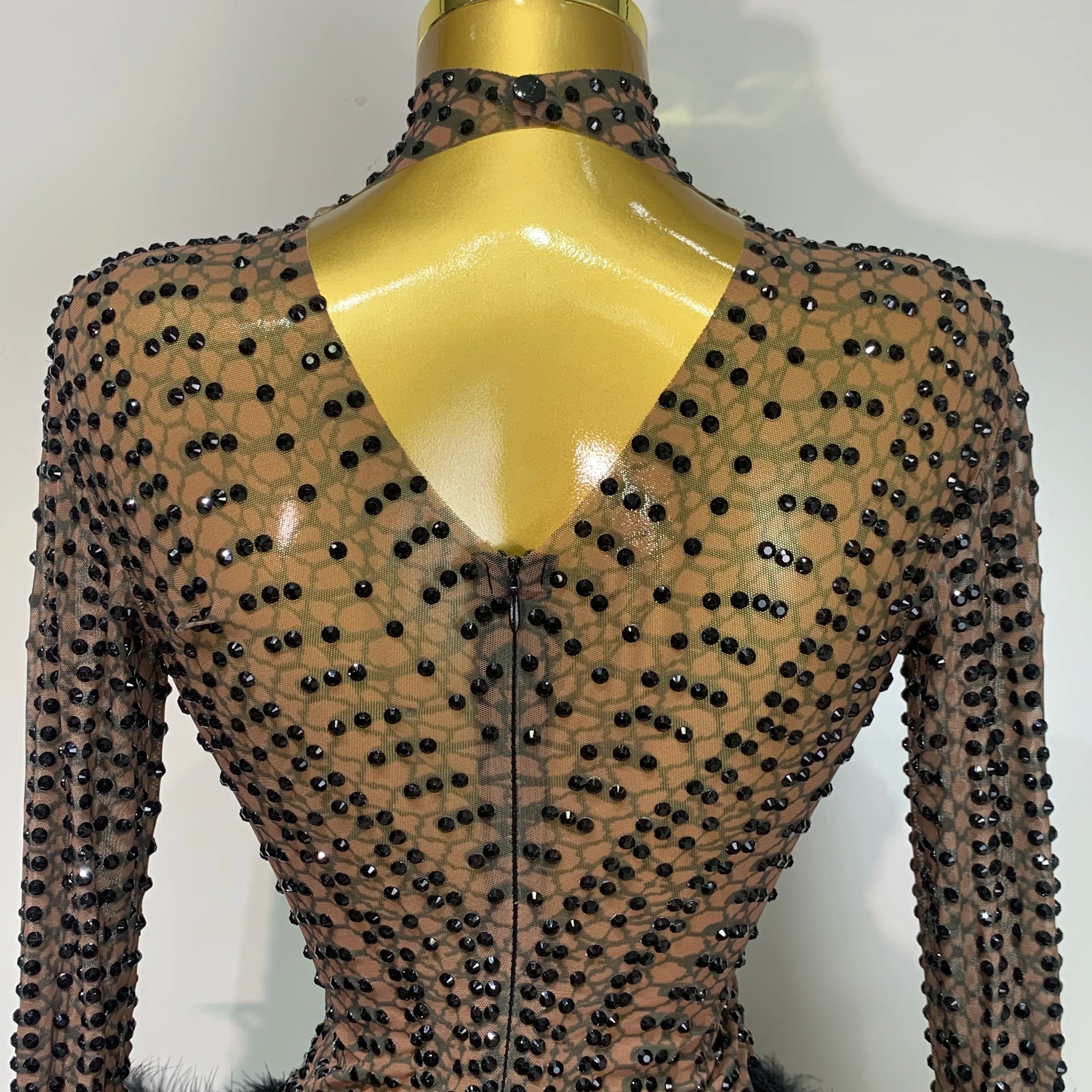 Women Luxury Birthday Dress Rhinestones Mesh Feathers Bodycon Mini Celebrity Evening Club Party Dress Nightclub Stage Outfit