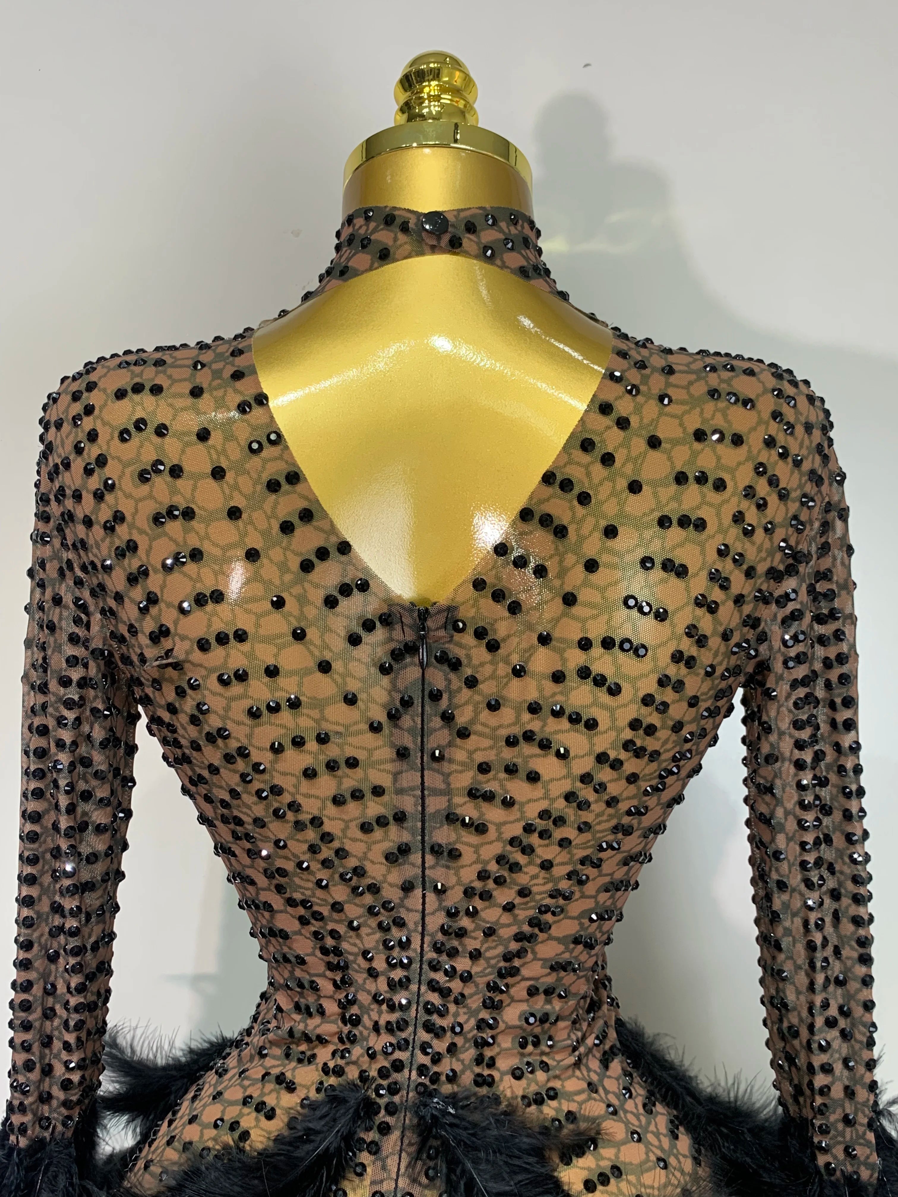 Women Luxury Birthday Dress Rhinestones Mesh Feathers Bodycon Mini Celebrity Evening Club Party Dress Nightclub Stage Outfit