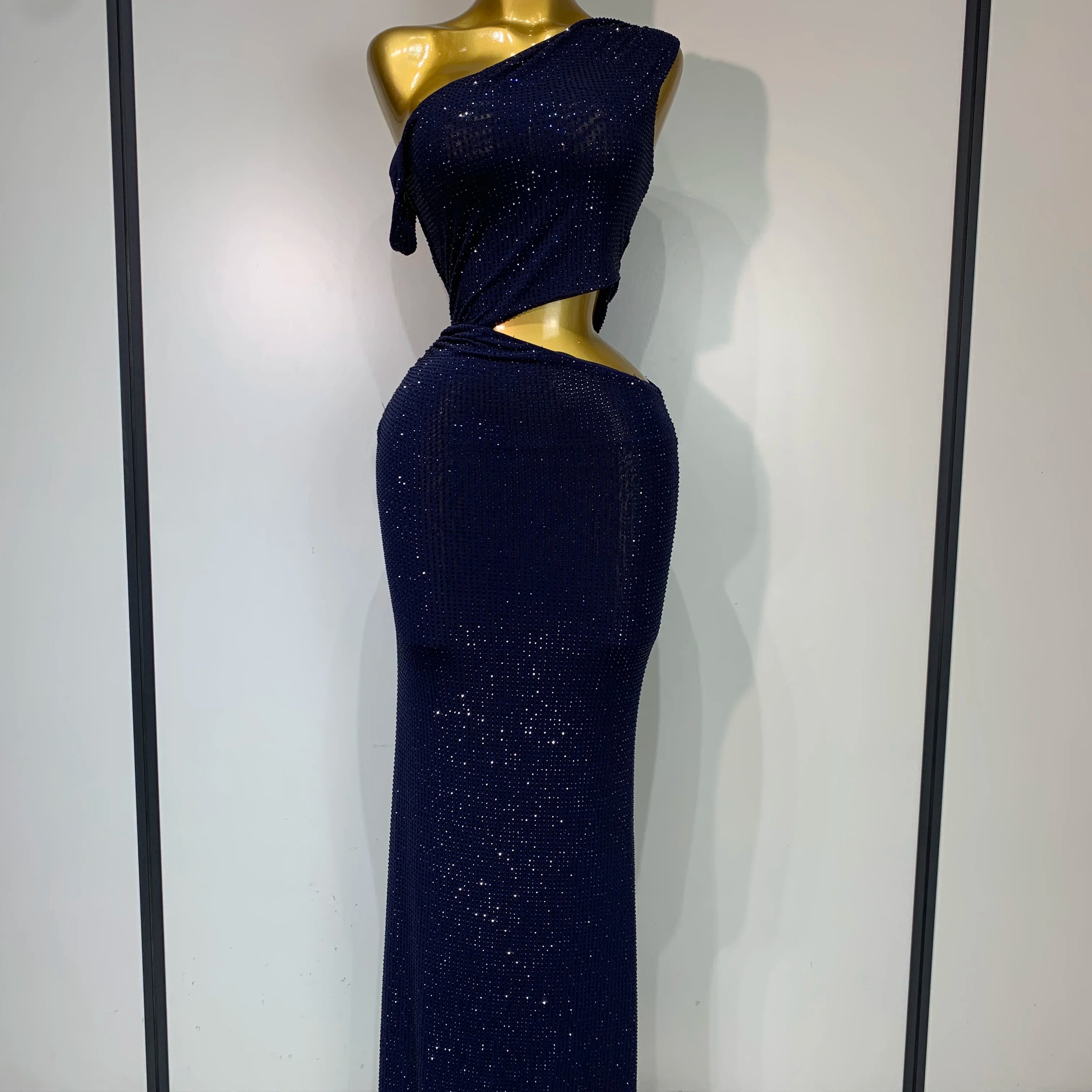 Women Sexy One Shoulder Exposed Waist Diamonds Bodycon Long Dress Cut Out Luxury Crystal Dresses Evening Party Birthday Gowns Blue