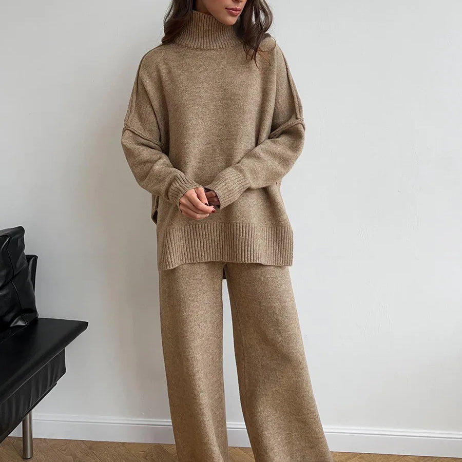 2025 turtleneck sweater set women's European, American autumn and winter new loose casual lazy thickened knitted trousers set Camel