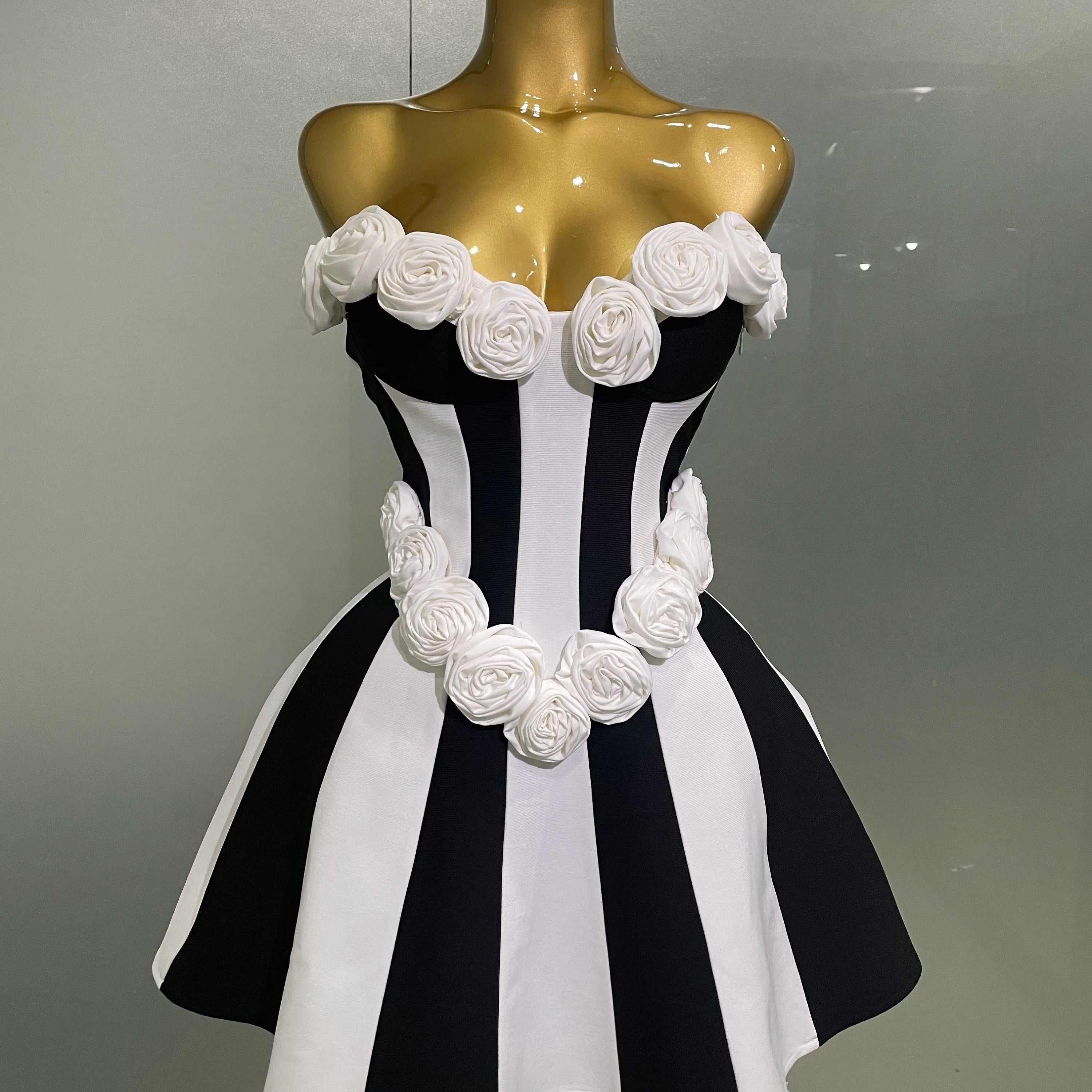2025New Women Flower Decoration Strapless Black White Stripe Bandage Short Dress Cocktail Party Elegant Evening Club Party Dress black