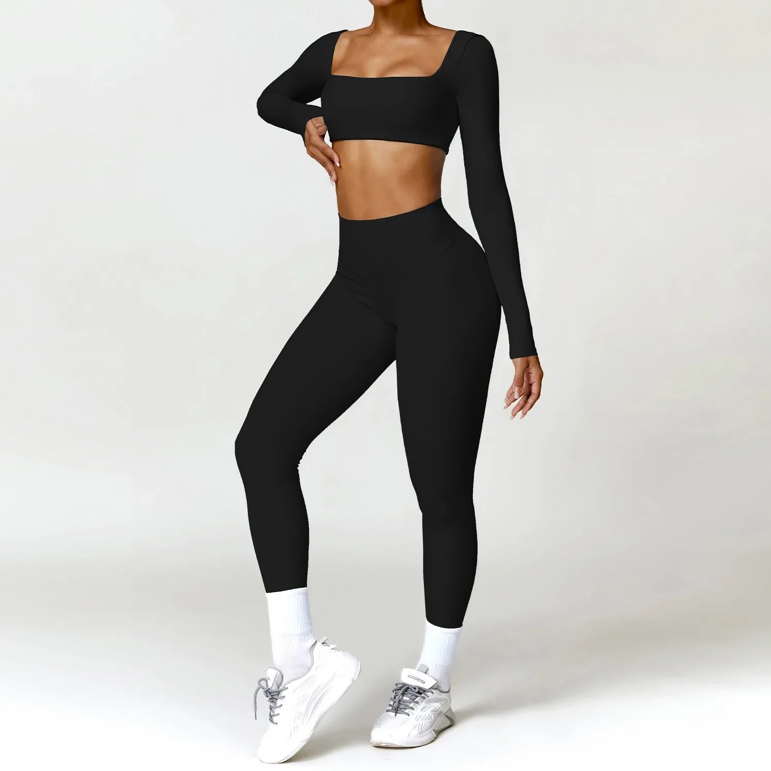 Women Tracksuit Yoga Set 2PCS Sportswear Workout Clothes Athletic Wear Gym Legging Fitness Bra Crop Top Long Sleeve Sports Suits Advanced Black Set-4