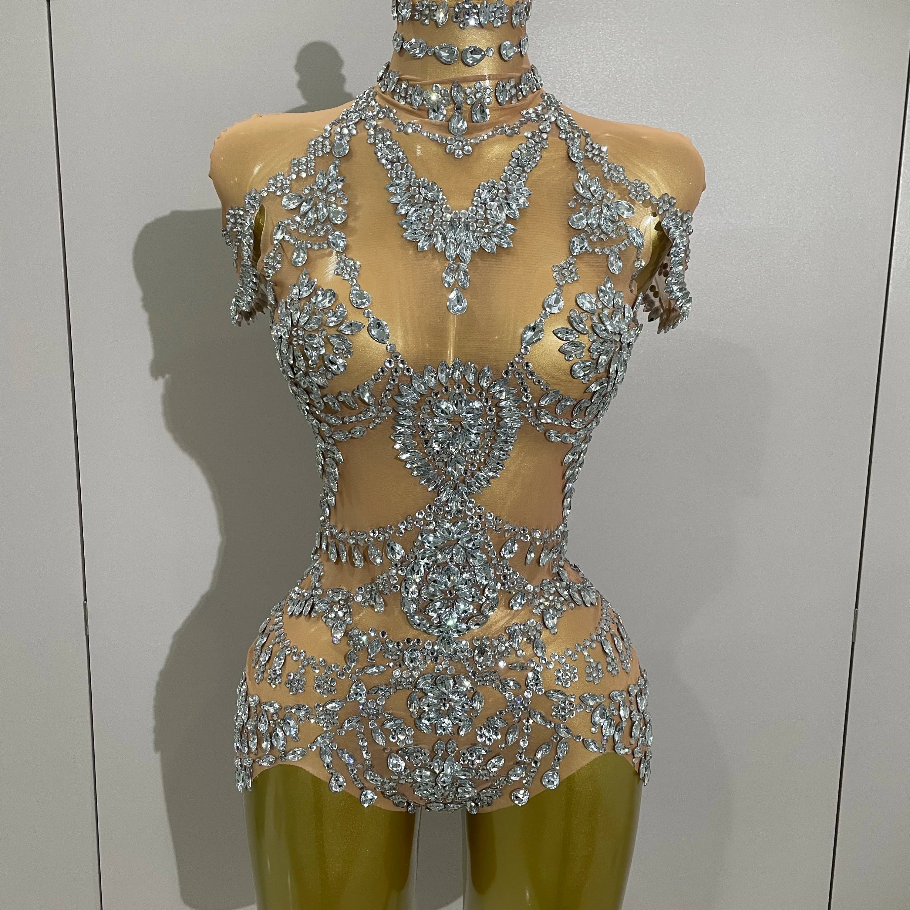 2025Stage Costume Luxury Rhinestones Sexy See-Through Sheath Bodysuit Evening Party Bar Nightclub Singer Dancer Performance Wear Silver