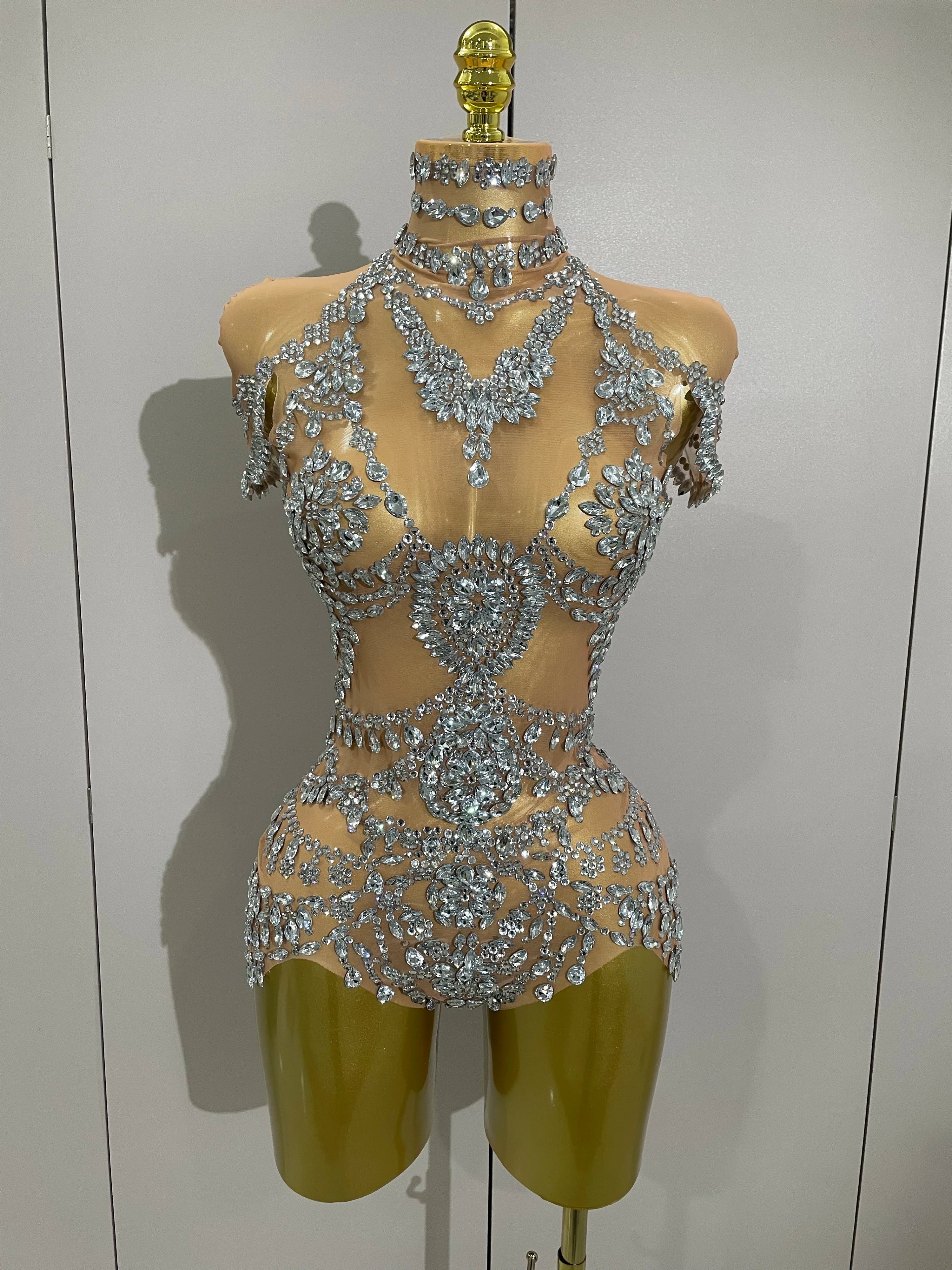 2025Stage Costume Luxury Rhinestones Sexy See-Through Sheath Bodysuit Evening Party Bar Nightclub Singer Dancer Performance Wear Silver