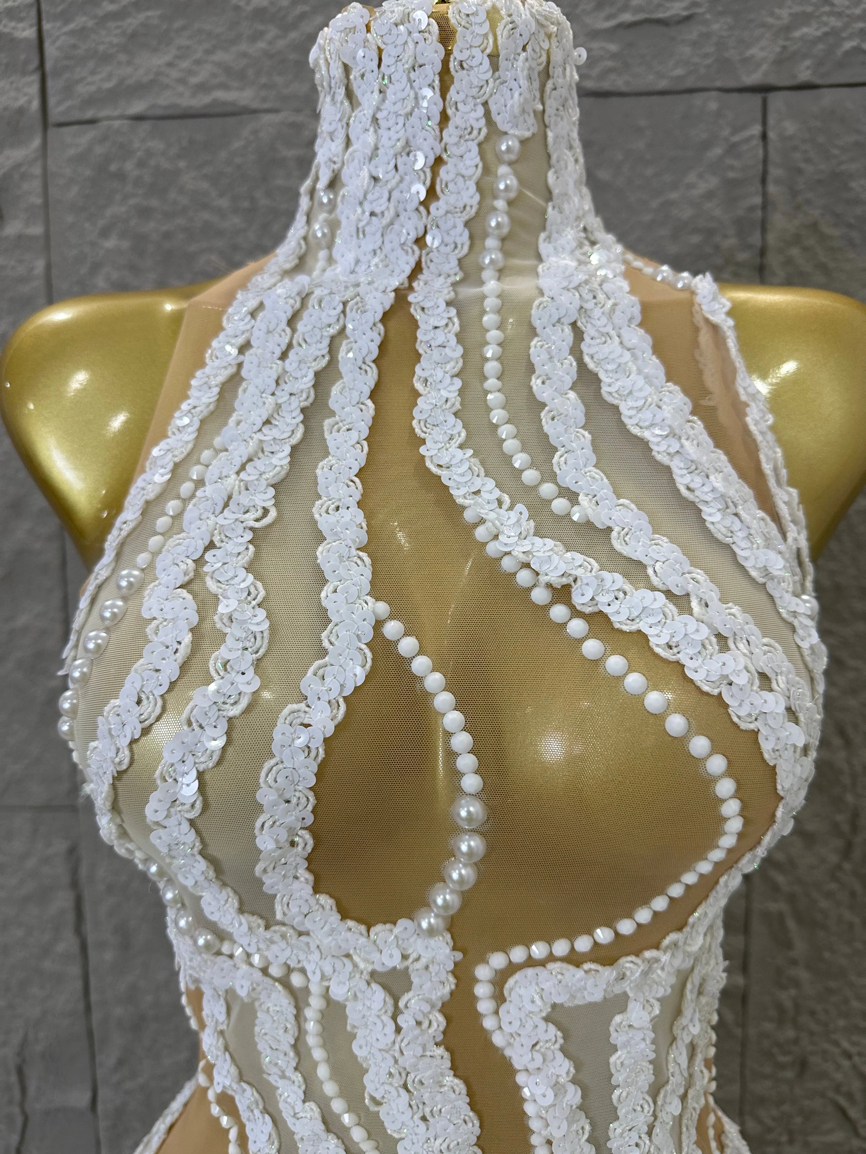 Sequined White Sheer Mesh Maxi Dress Women Sexy High Neck Pearl Lace Bodycon Cocktail Nightclub Evening Gala Party Costume