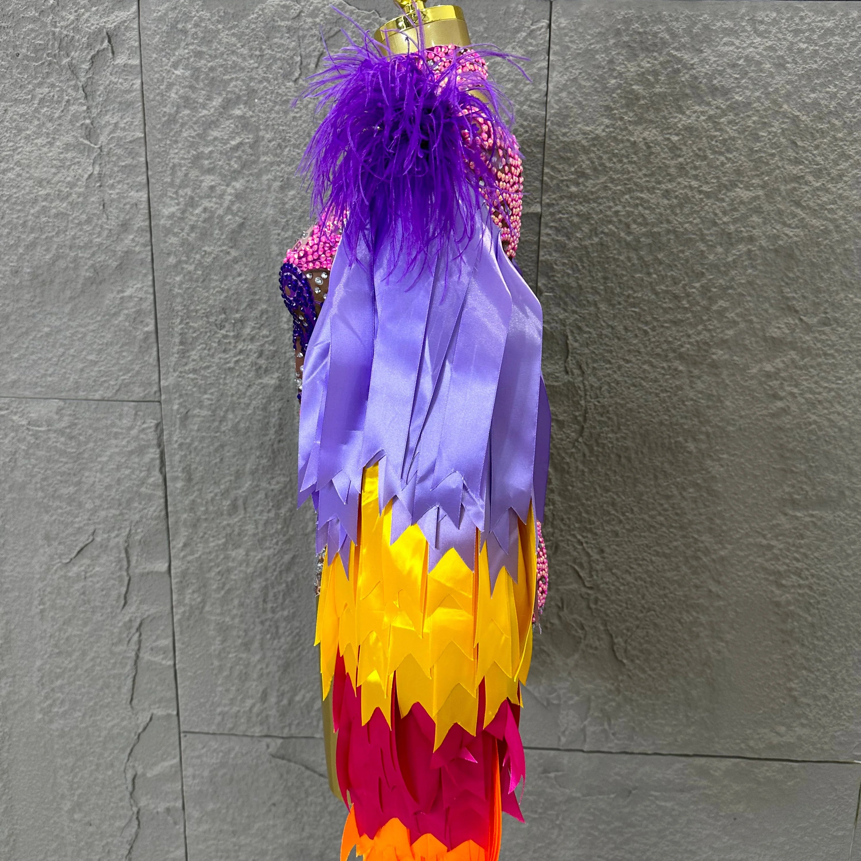 Sexy 2026 High Neck Sheer Mesh Bodysuit Women Purple Pink Crystal Fringe Long Sleeve Outfit Luxury Drag Queen Costume