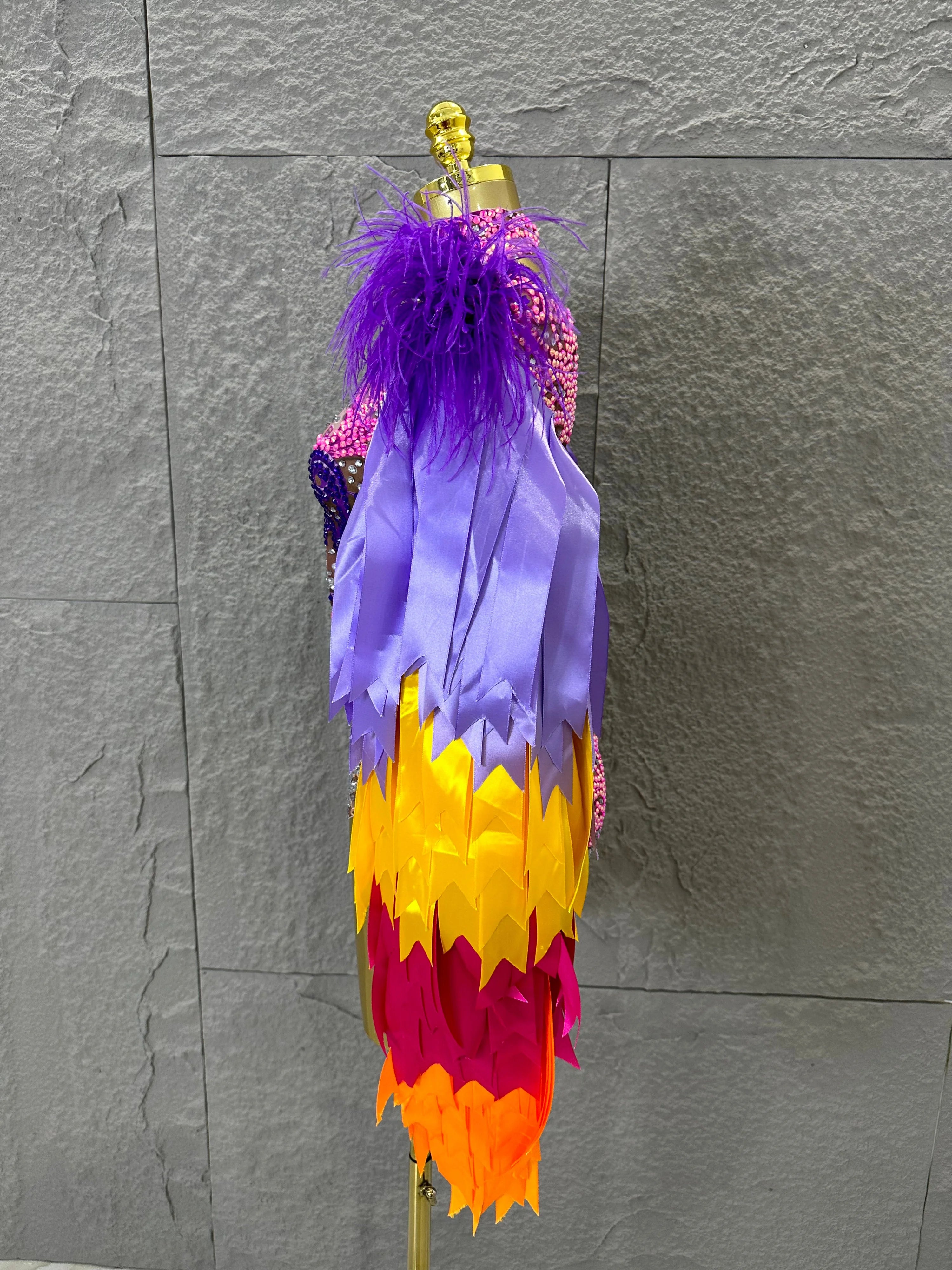 Sexy 2026 High Neck Sheer Mesh Bodysuit Women Purple Pink Crystal Fringe Long Sleeve Outfit Luxury Drag Queen Costume