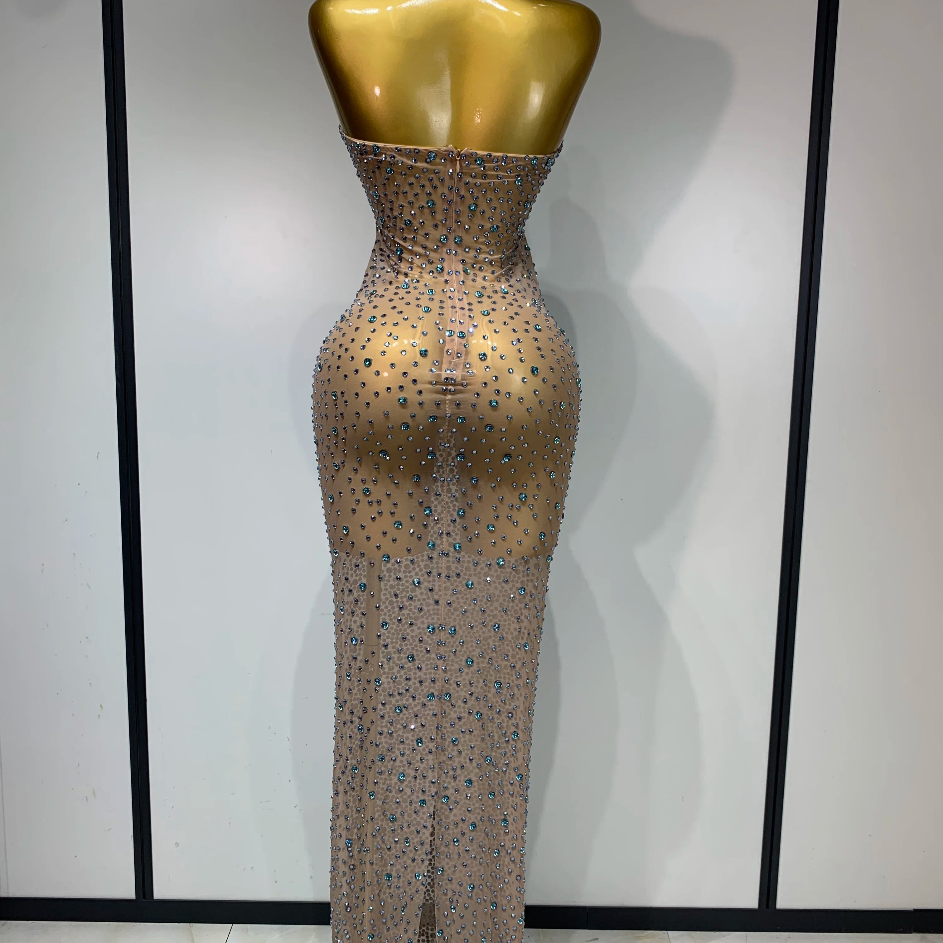 Sparkly Rhinestones Sleeveless Dress Sexy Mesh Transparent Celebrate Evening Wedding Prom Luxury Birthday Dresses Stage Outfit