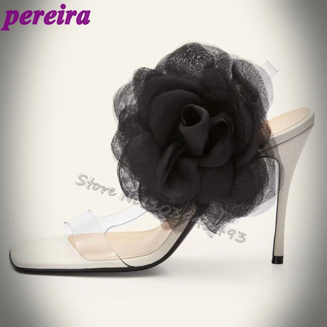 Black Tulle Flower Translucent Toe Stiletto Heels Open Back Women's High Heels Sandals Stylish Breathable Party Shoes Pvc Shoe