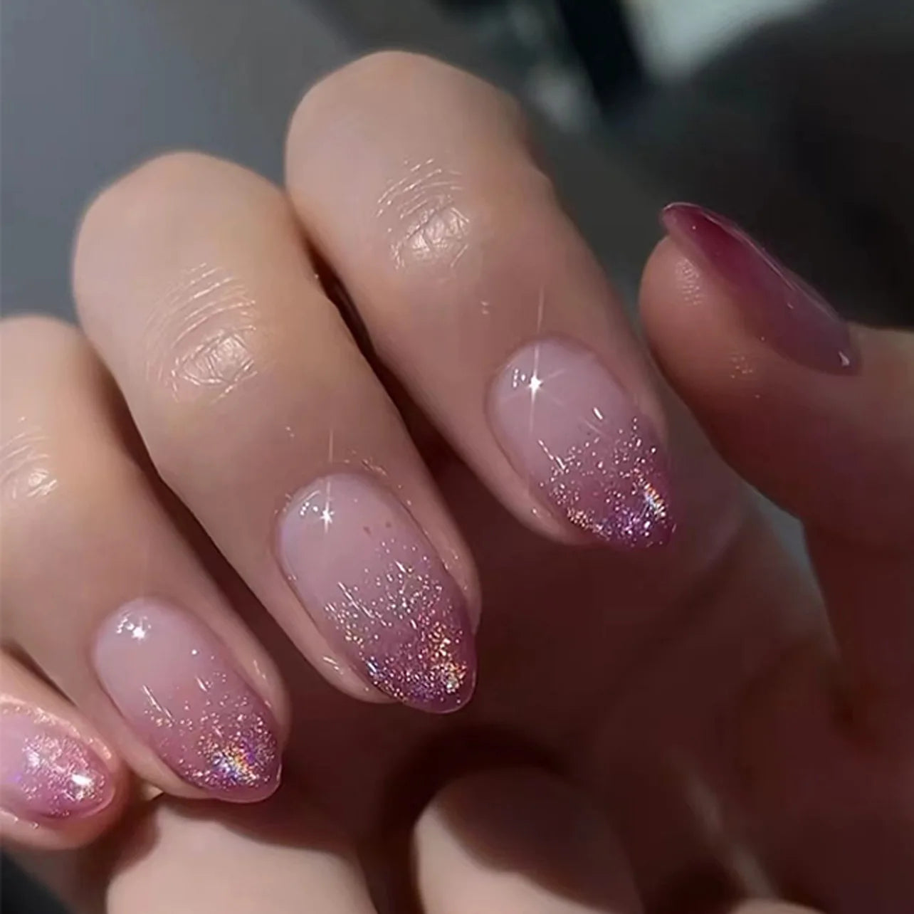 24Pcs French Fake Nail Tips with Almond Head Design Short Oval False Nails Simple Wearable Gradient Purple Nails Set Press On 3608