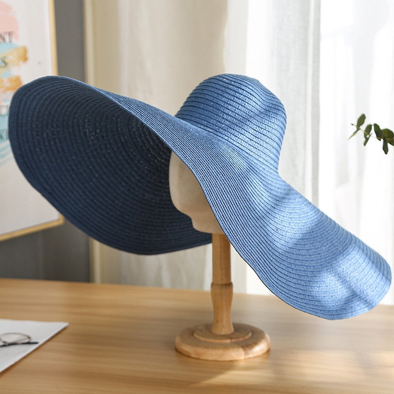Summer 70cm Large Wide Brim Sun Hats For Women Oversized Beach Hat Foldable Travel Straw Hat Lady UV Protection Sun Shade Hat Denim Blue 54-57cm