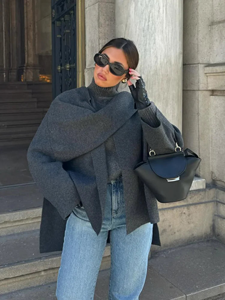 New Fashion Scarf Collar Woolen Jackets For Women Elegant Long Sleeved Side Split Casual Coats Female Chic Autumn Overcoats