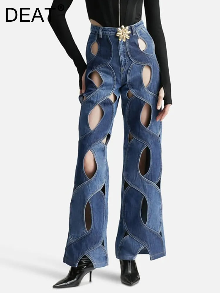 DEAT Fashion Women's Jeans High Waist Cross Contrast Color Hollow Out Metal Button Straight Denim Pants Summer New 17A8765H
