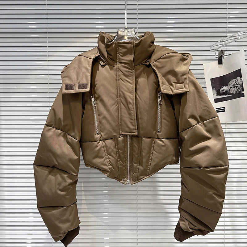 Winter New Fashion Zipper Fishbone Waist-Cinching Warm Hooded Jacket For Women High Street Cotton-padded Coat 11A07495 Brown