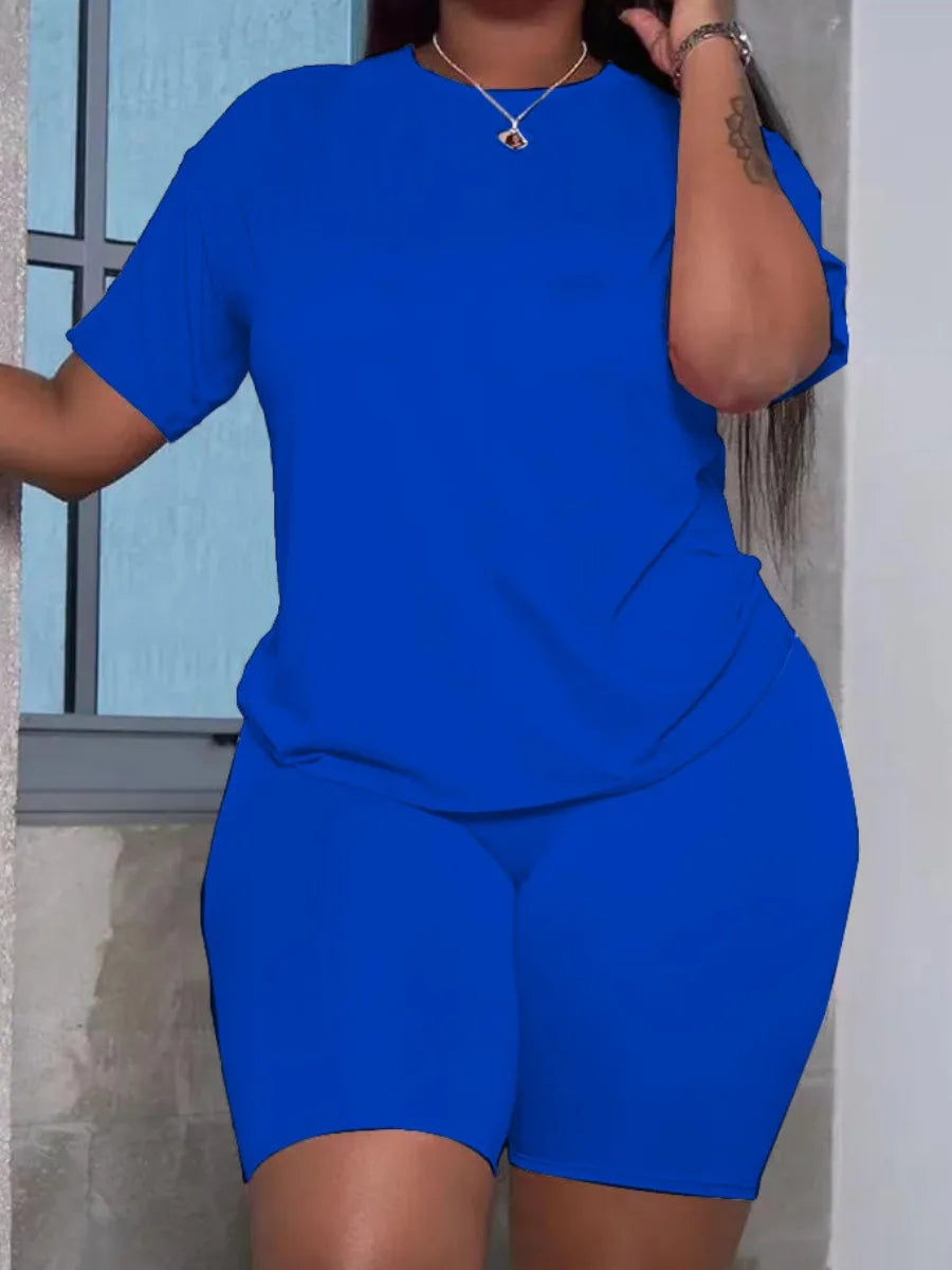 LW Basic Plus Size Summer Women's Suit Short Sleeve Top and Pants Casual Solid Color Sportswear Slim Two-piece Outfit Blue