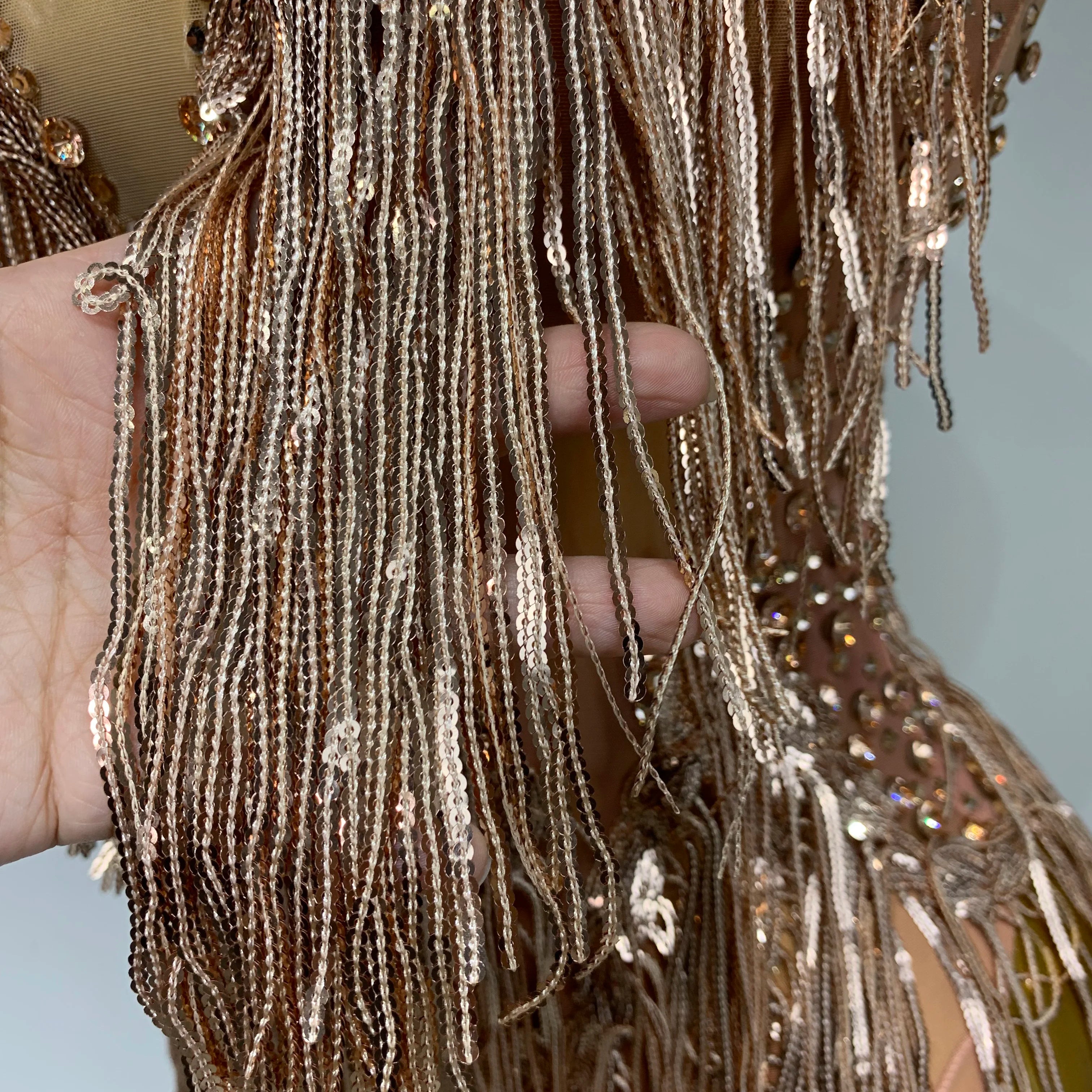 Women Sexy Stretch Mesh Sparkly Rhinestone Tassels Mini Dress Nightclub Singer Dance Stage Costume Evening Party Birthday Gowns
