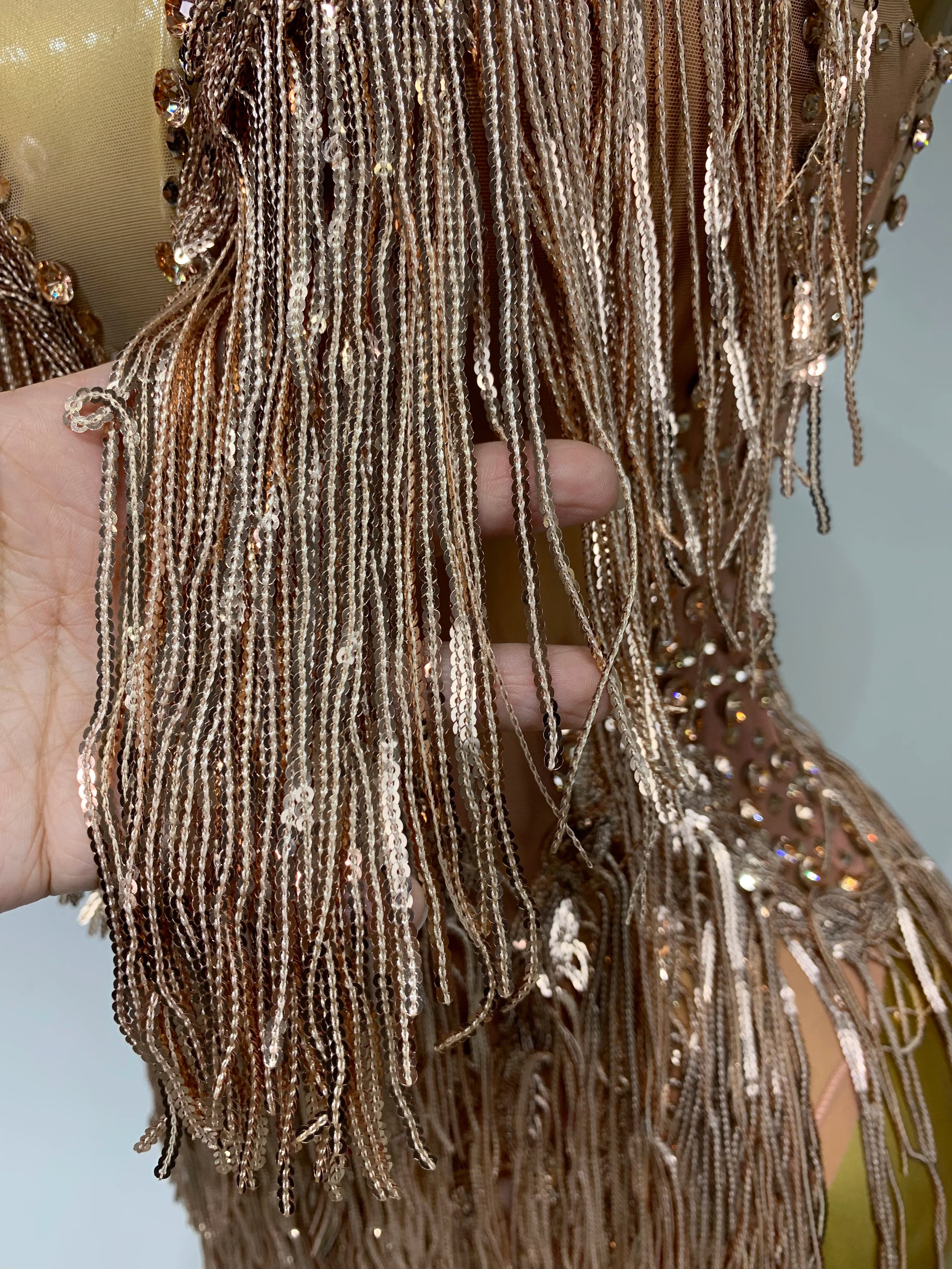 Women Sexy Stretch Mesh Sparkly Rhinestone Tassels Mini Dress Nightclub Singer Dance Stage Costume Evening Party Birthday Gowns