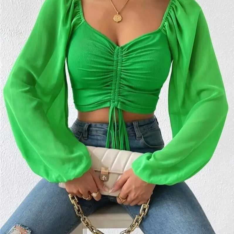 Woman’s Tops Puff Sleeve Sexy Close-Fitting Summer and Spring Lace up V-neck Fashion Solid Color Simple Long Sleeve Hot