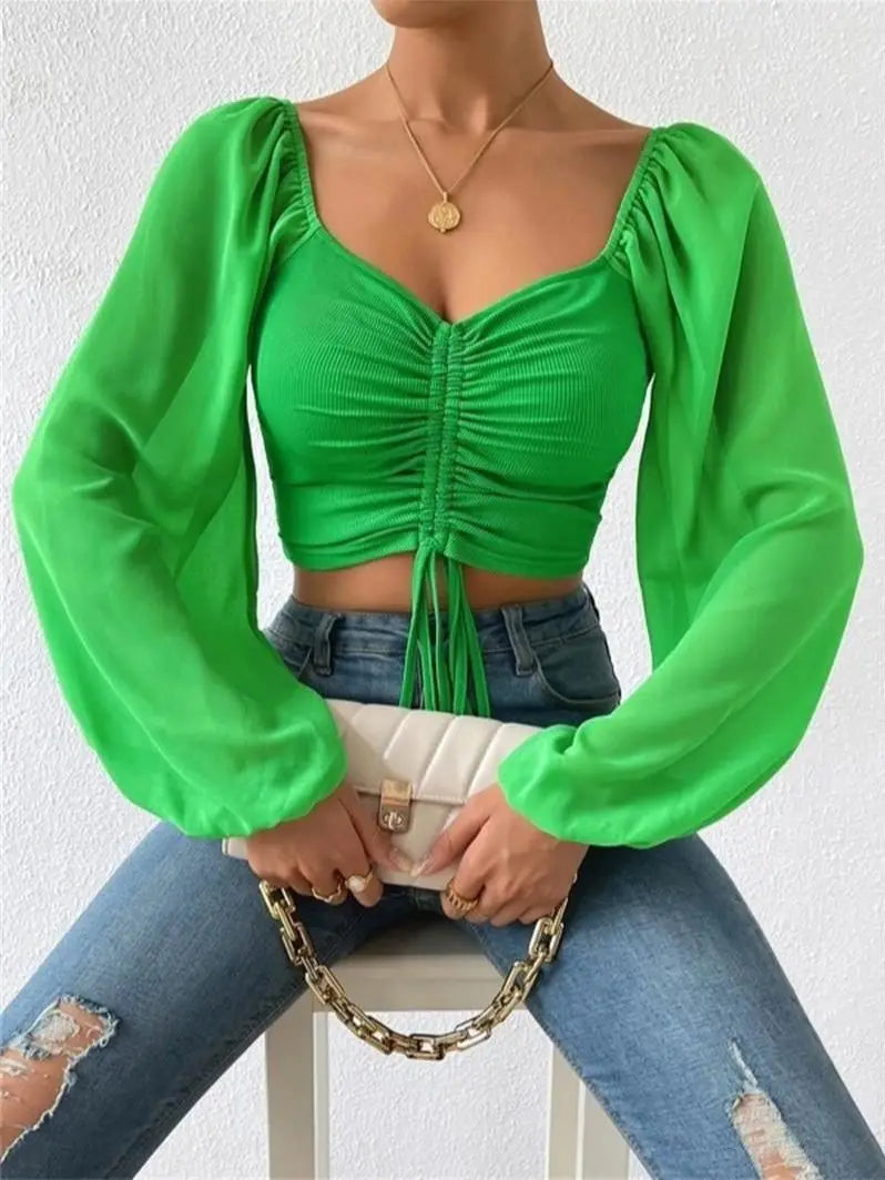 Woman’s Tops Puff Sleeve Sexy Close-Fitting Summer and Spring Lace up V-neck Fashion Solid Color Simple Long Sleeve Hot