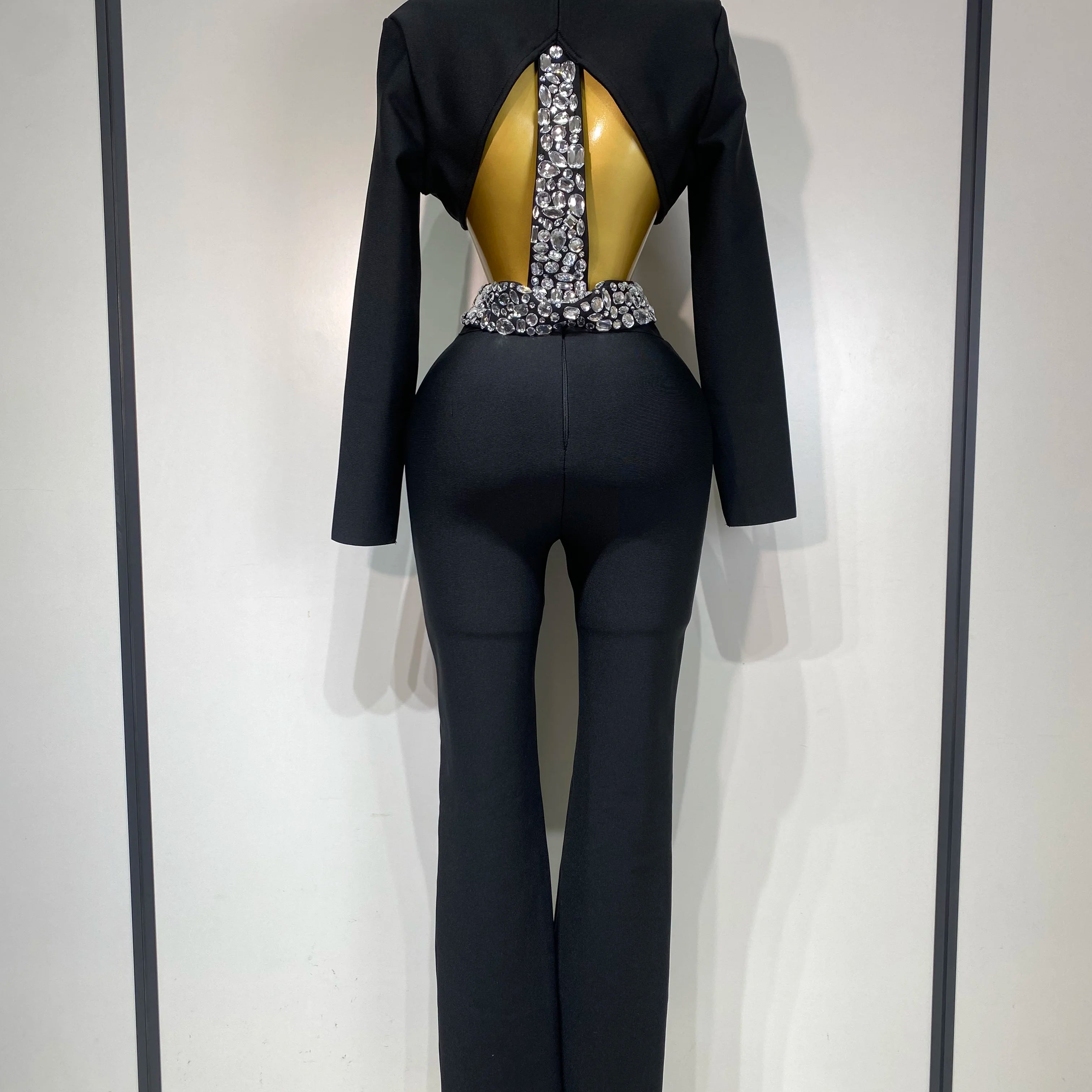 Women Sexy Cut Out Long Sleeve Beading Bodycon Two Pieces Pants Bandage Set Celebrity Designer Fashion Women Luxury Birthday Set