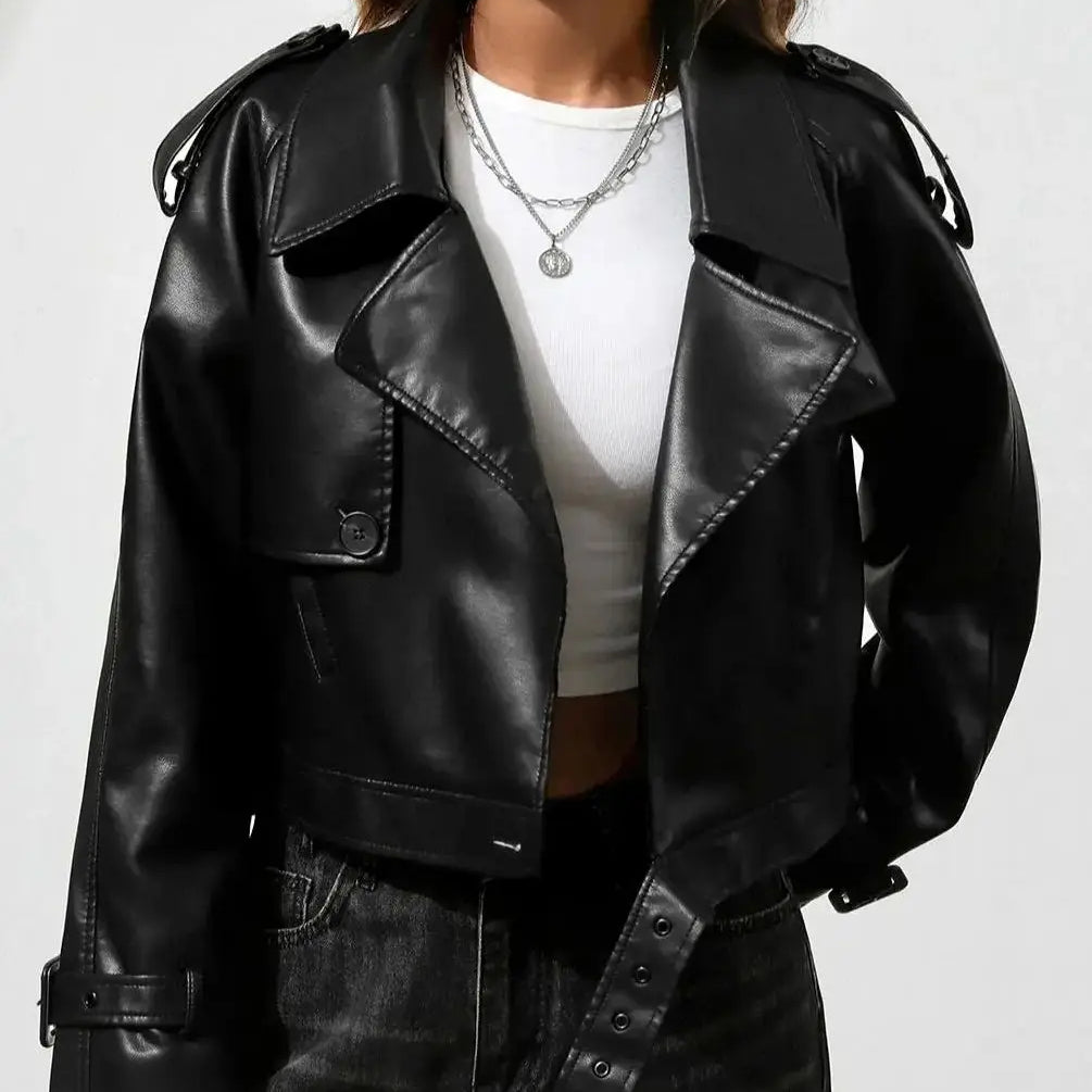 Fitaylor Women Faux Leather Jacket Lady Lapel Motorcycle Leather Outwear Casual Light Green Coat Black