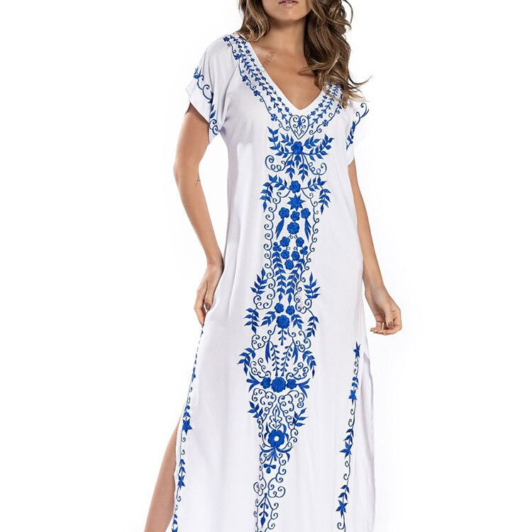 Plus Size Kaftan Tunic Beach Dress Swim Wear Bathing Suit Cover Up 790 White One Size