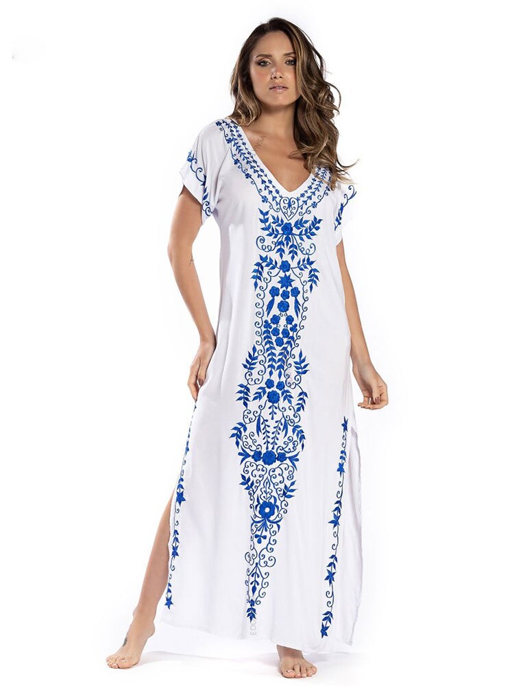 Plus Size Kaftan Tunic Beach Dress Swim Wear Bathing Suit Cover Up 790 White One Size