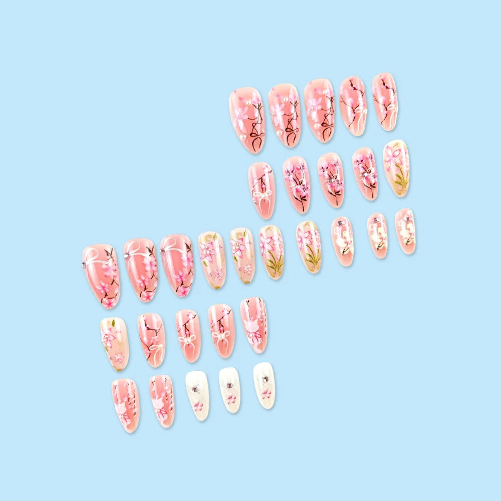 24pcs Sweet Pink Flower Press on Nails Ins Pink Blush Almond False Nails Wearable Reusable Fashion Korean Fake Nails for Women