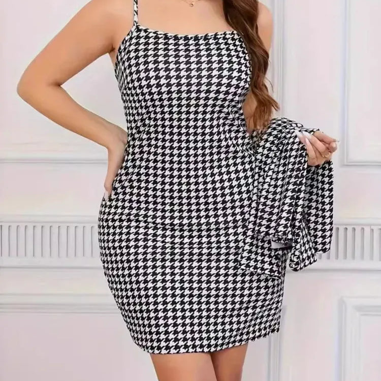 Plus Size Houndstooth Plaid Autumn 2 Two Piece Set Women Long Sleeve Ladies Cropped Coats Sleeveless Slip Modis Woman Mini Dress