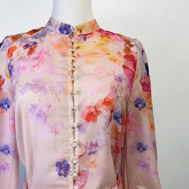 Real Shot Spot 2025 Spring and Summer Stand Collar Long Sleeve Shirt Top Wide Leg Skirt Pocket with Silk Scarf Belt Two-Piece Se