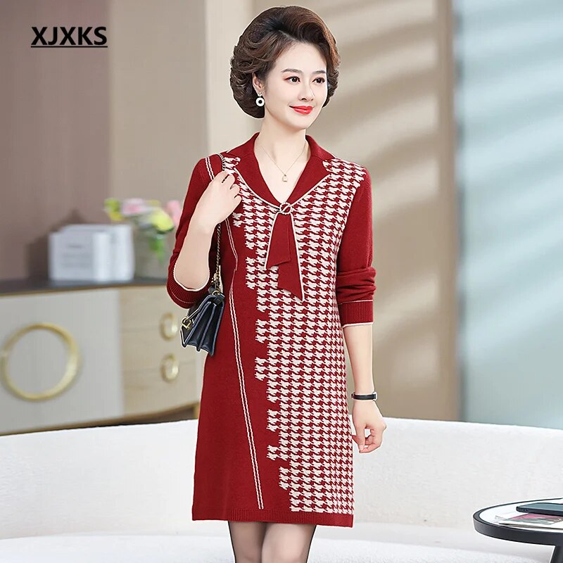 Temperament Lapel Women's Long Sweater 2024 Autumn And Winter New Comfortable Wool Knit Dress Ladies Pullover Red