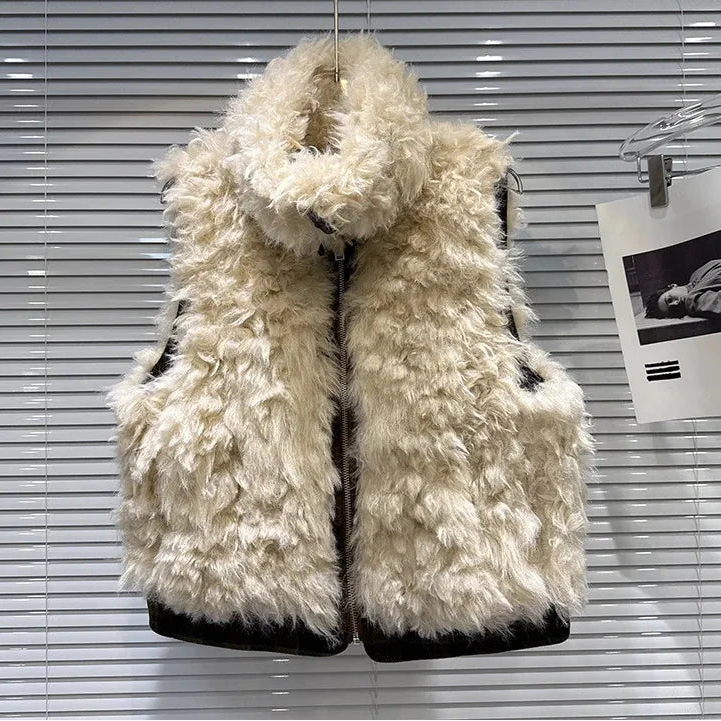 Winter New Fashion Faux Lamb Wool Plaid Reversible Vest For Women Versatile Zipper Waistcoat Female Trendy 11A07854