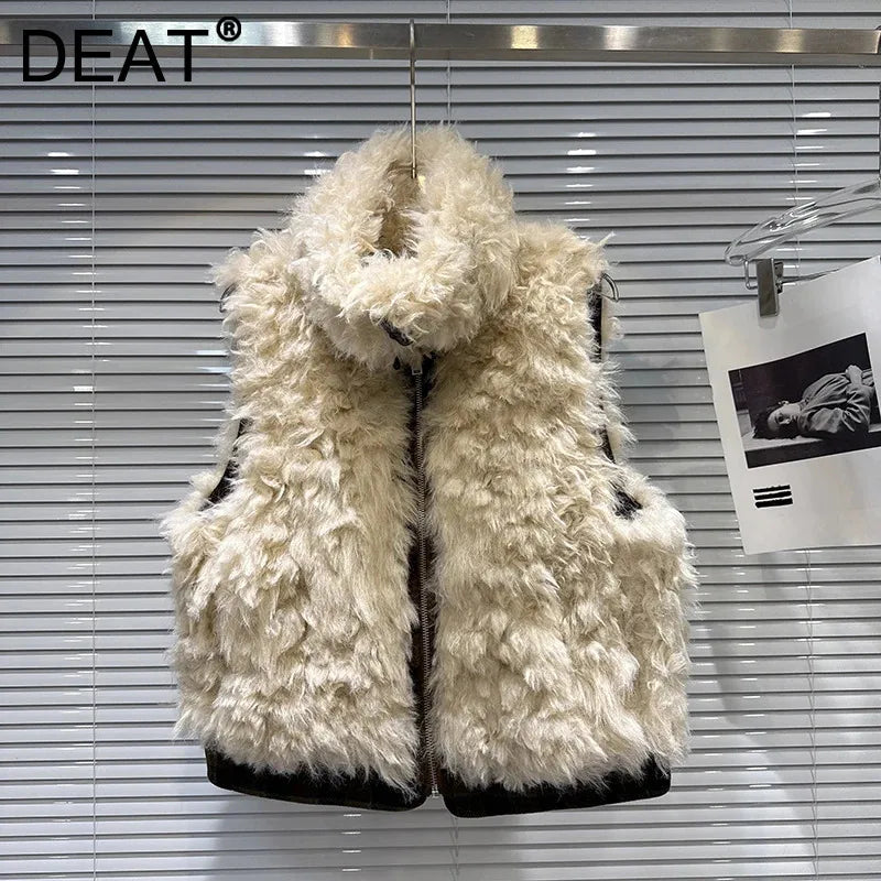 Winter New Fashion Faux Lamb Wool Plaid Reversible Vest For Women Versatile Zipper Waistcoat Female Trendy 11A07854