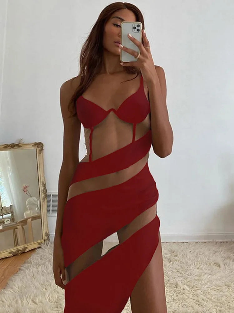 Patchwork See Through Sexy Mini Dress For Women Robe Spaghetti Strap Sleeveless Backless Bodycon Party Dress Vestido