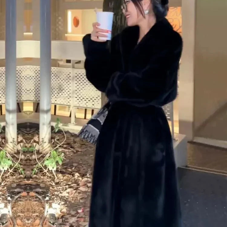 Winter Long Oversized Warm Thick Fluffy Brown Soft Skirted Faux Mink Fur Coat Women Elegant Luxury Furry Overcoat 2024