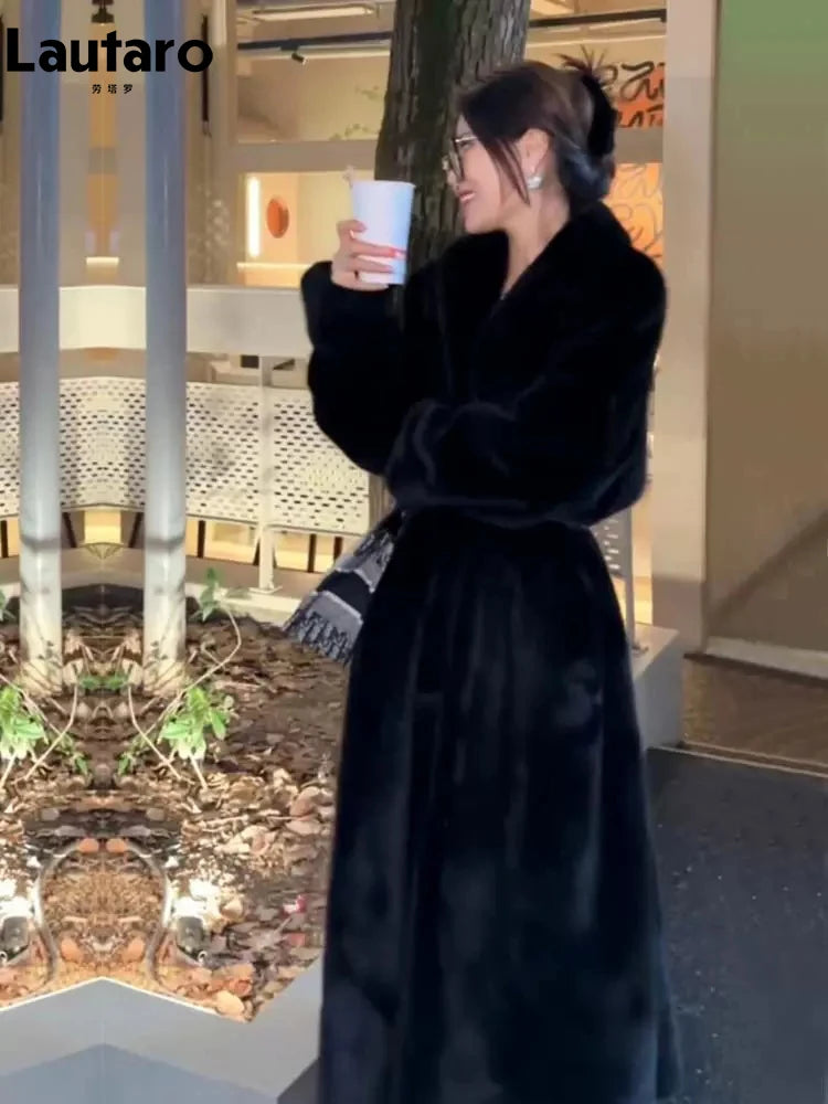 Lautaro Winter Long Oversized Warm Thick Fluffy Brown Soft Skirted Faux Mink Fur Coat Women Elegant Luxury Chic Furry Overcoat