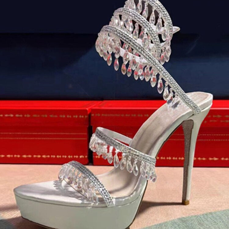 Summer New Round Toe Thick Sole Sandals with Snake Twisted Beaded Water Diamond Thin Heel High Heel Sandals for Women Off white