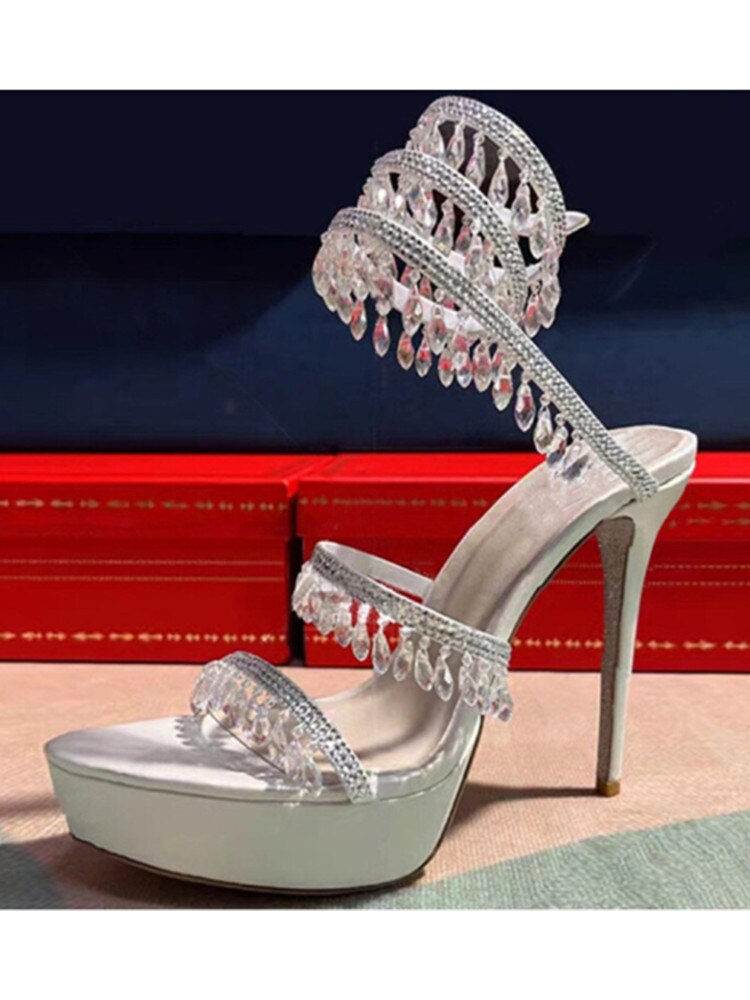 Summer New Round Toe Thick Sole Sandals with Snake Twisted Beaded Water Diamond Thin Heel High Heel Sandals for Women Off white