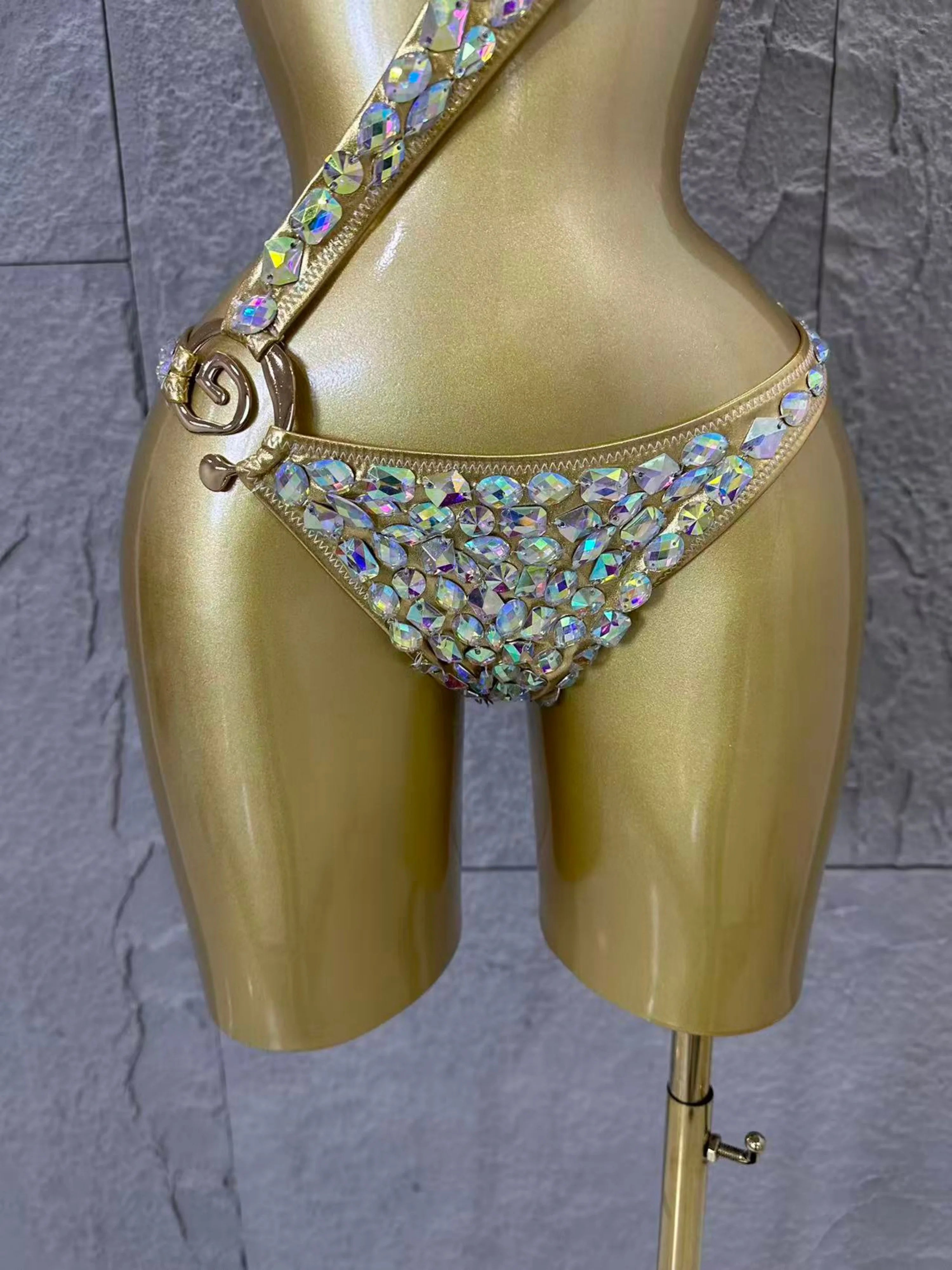 Gold Luxurious Black Bodysuit Women Sexy Halter Neck Iridescent Crystal Embellished Cutout Outfit Stage Performance Costume