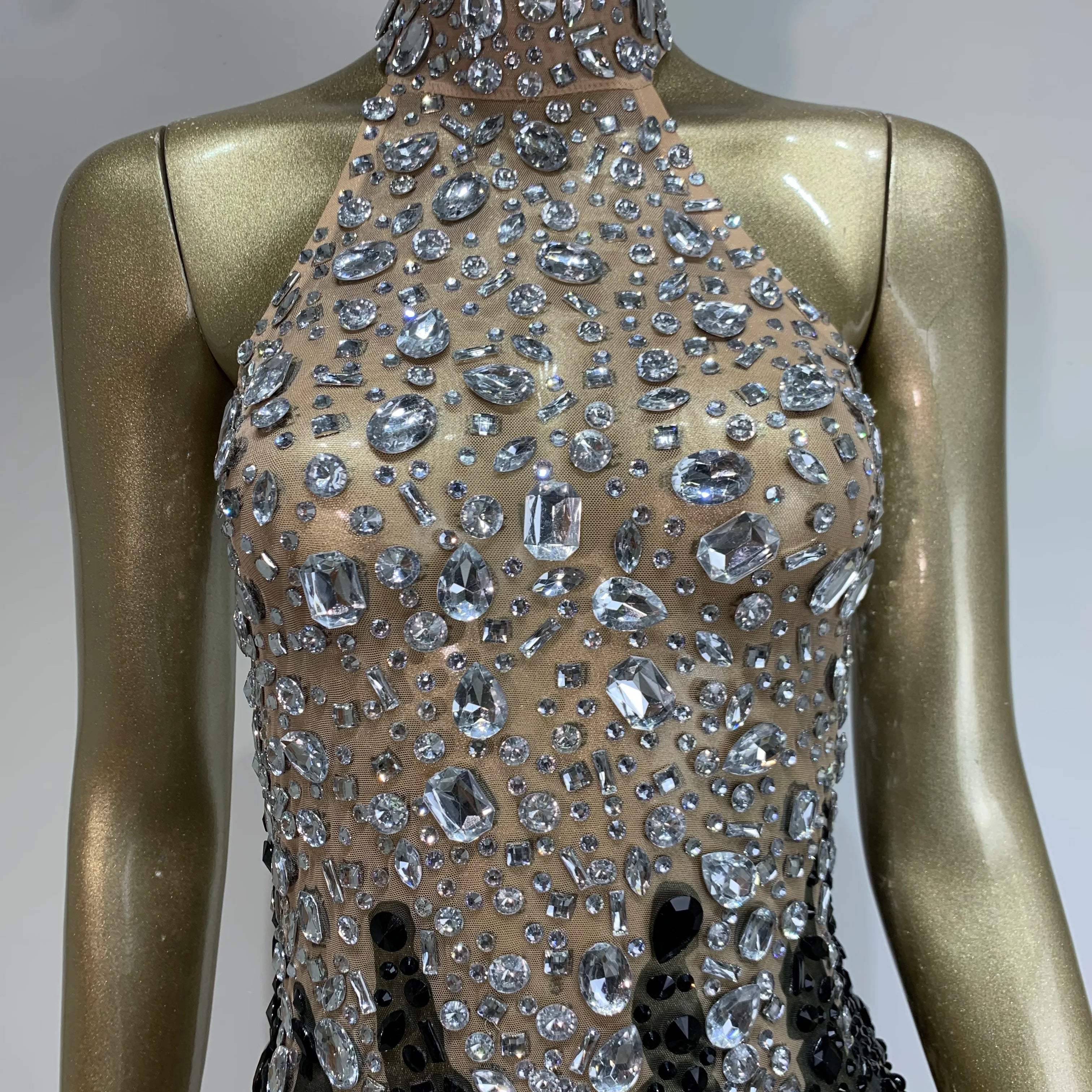 Women Sexy Backless Halter Crystal Diamonds Patchwork Mini Dress Birthday Party Costume Bar Nightclub Stage Performance Dress