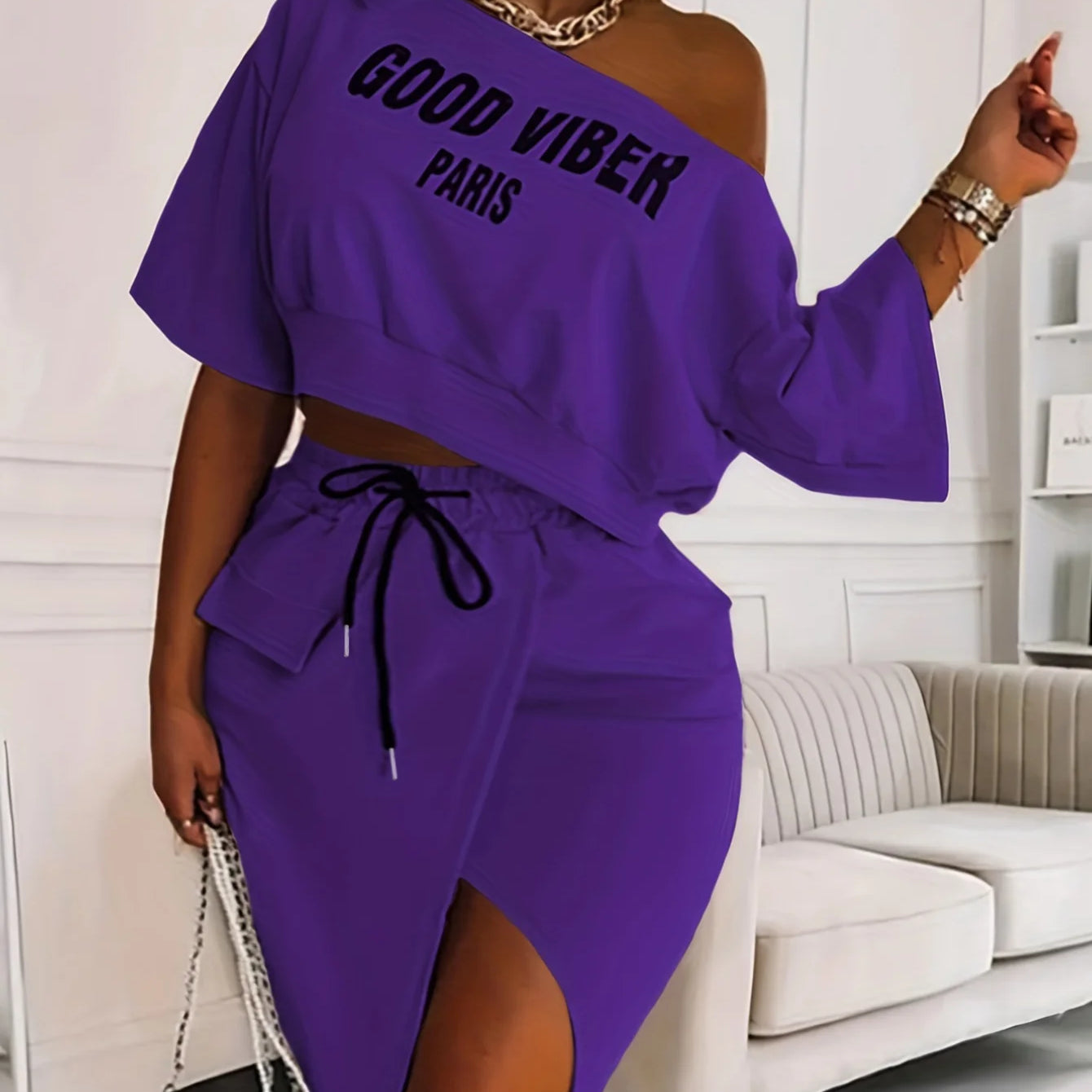 LW Plus Size Two Piece Good Viber One Shoulder Letter Print Set Crop Top+High Split Skirt Elegant Matching Outfits For Women PURPLE