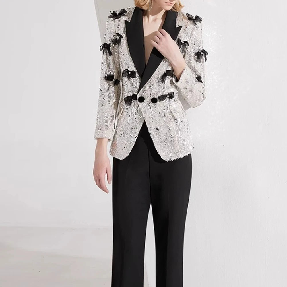 Hit Color Spliced Bow Two Piece Sets for Women Lapel Long Sleeves Patchwork Sequin Top Pant Elegant Set Female New