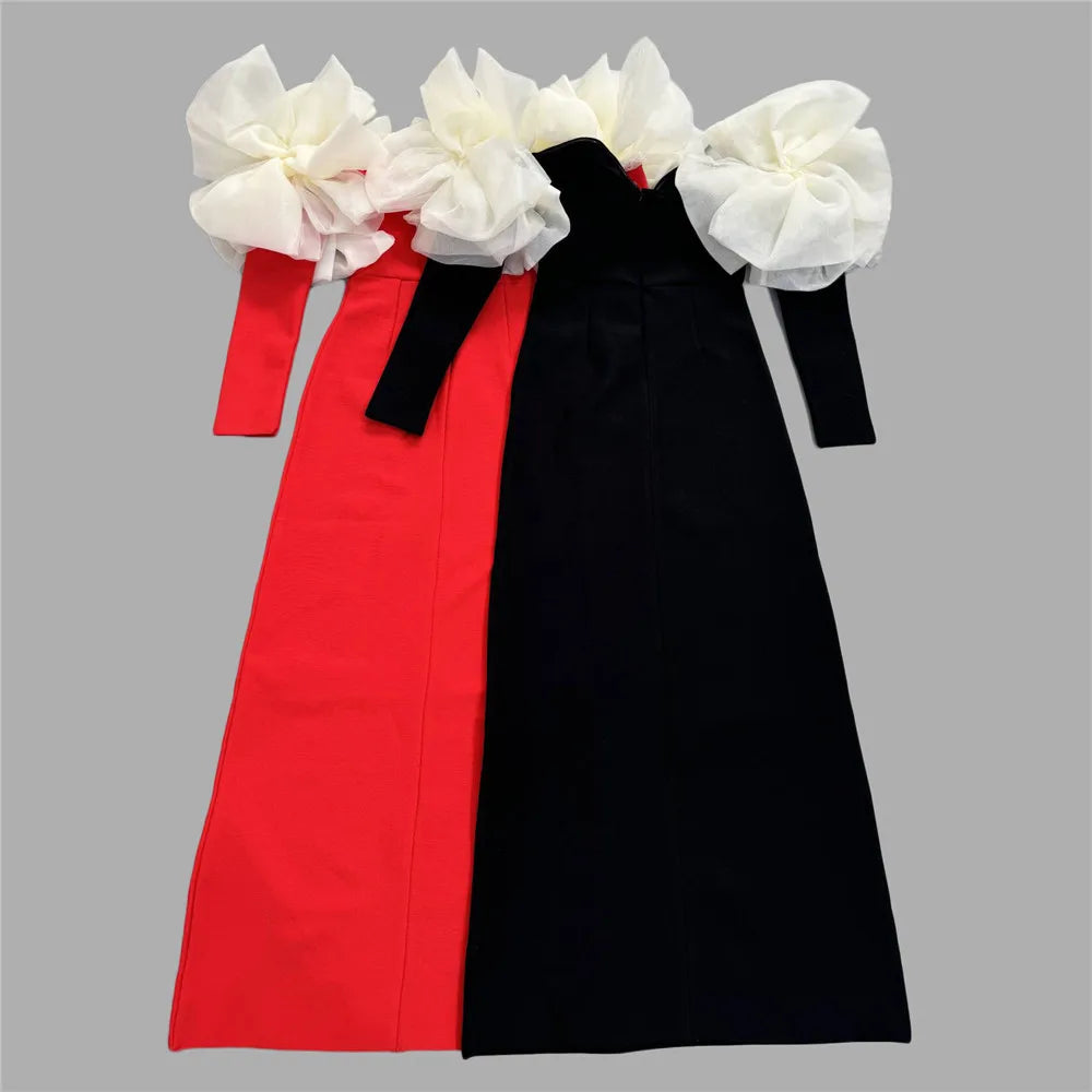 Black Red Color Women Sexy Off the Shoulder Long Sleeve Florals Bodycon Long Bandage Dress Celebrate Evening Party Outfit