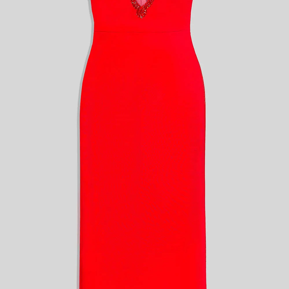 2025 Sexy Women'S Light Luxury Bead Design Red Bandage Dress Strapless Sleeveless Bodycon Backless Long Dresses Party Vestidos