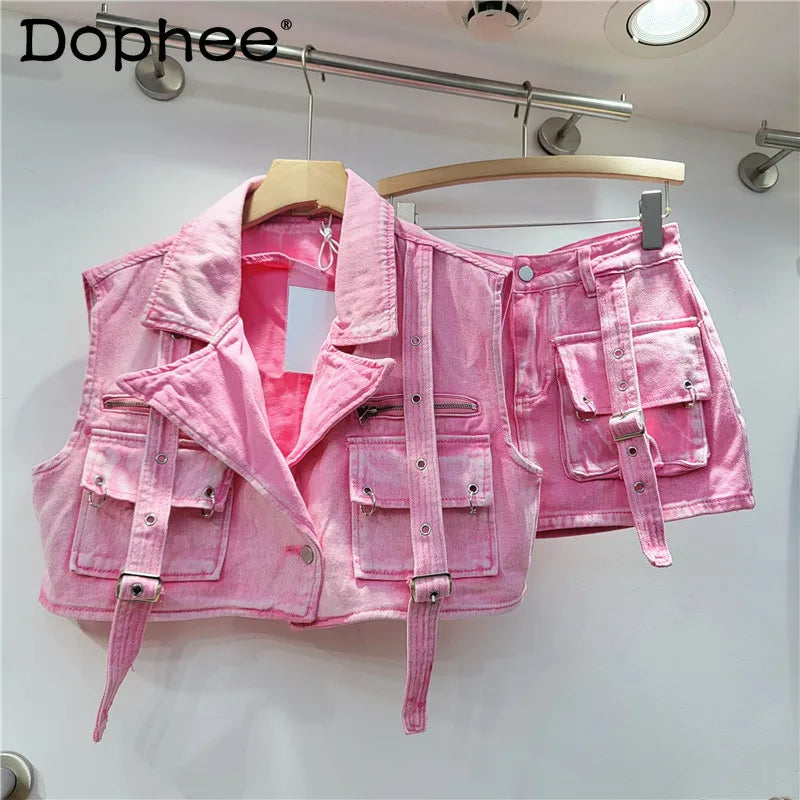 Retro Pink Large Pocket Denim Suit Spring Summer Sleeveless Short Vest High Waist Hip Wrapped Skirt 2 Pieces Sets Women Outfits