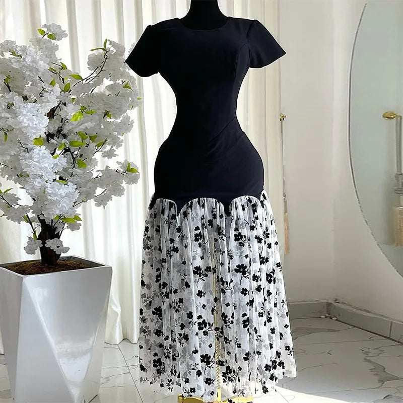 CM.YAYA Women Short Sleeve O-neck Mesh Floral Printed Long Maxi Bodycon Mermaid Dress 2025 Birthday Night Party Vestidos Dresses