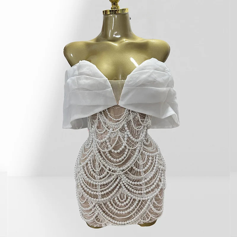 2025 Luxury Pearl Beading White Sequins Sexy Off The Shoulder White Mini Dress Woman Wedding Party Vestido Birthday Party Outfit