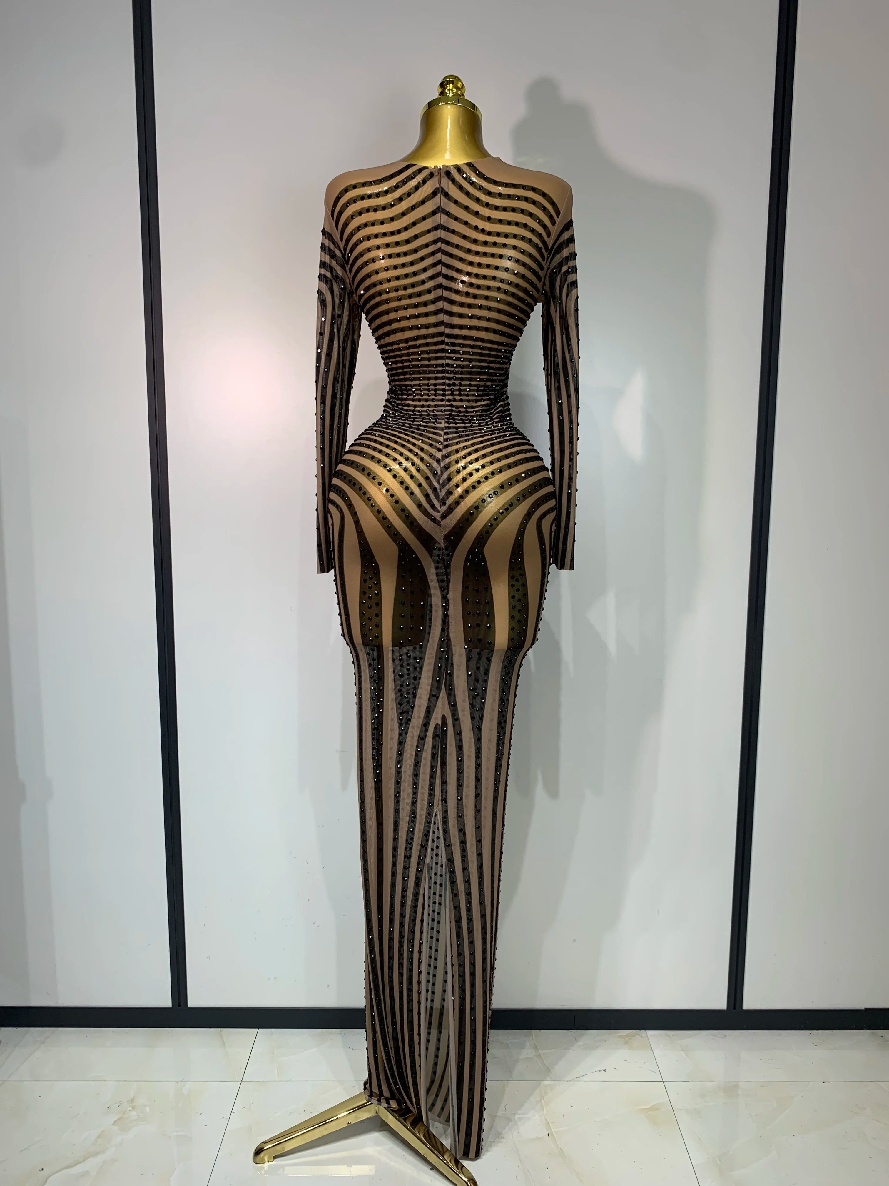 Women Sexy Mesh Perspective Shiny Diamond Dinner Dress Elegant Celebrity Evrning Party BirthdayDress Singer Stage Outfit